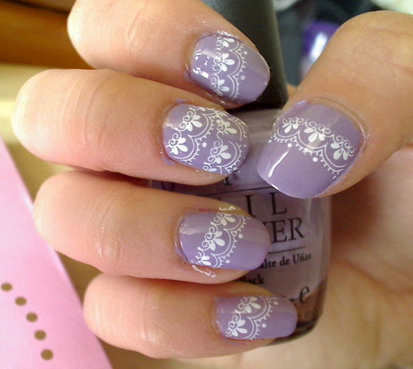 Purple Nails with White Lace Accent. 