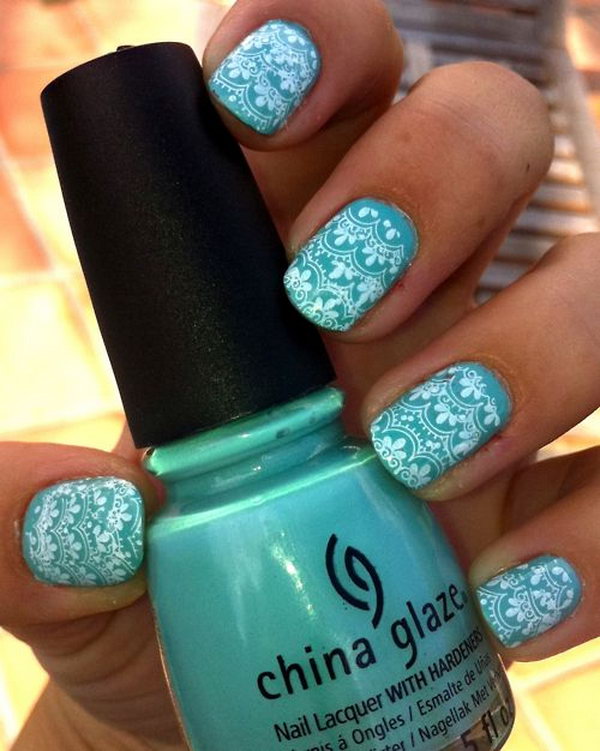Teal and White Lace Nail Design. 