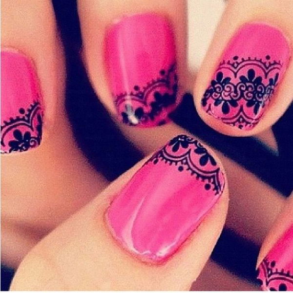 Hot Pink Embellished with Black Lace Manicure. 