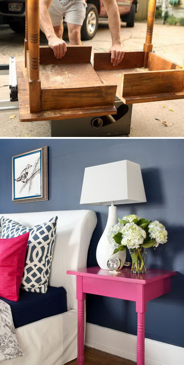 Turn an Unused Table into a Pair of Stylish and Useful Nightstands. Find an old table at a flea market, cut in half,  paint it up,and put one half on either side of the bed and screw into the wall. 