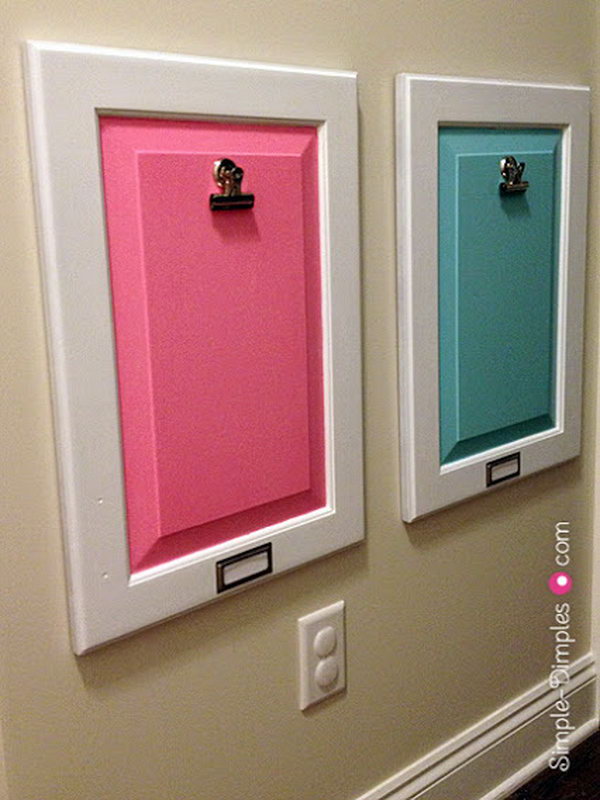 Turn Old Cabinet Door into Decorative Bulletin Board. 