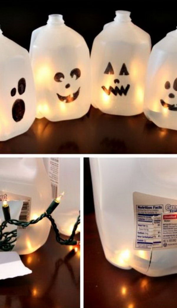 Halloween Milk Jug Ghosts. Make Halloween luminaria by filling milk jugs with lights. Easy Halloween craft idea for the kids! Tutorial via 