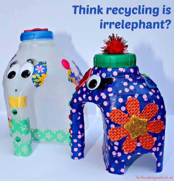 Cute Milk Bottle Elephants. Let your kids know the fun of recycling with these cute DIY milk bottle elephants. Tutorial via 