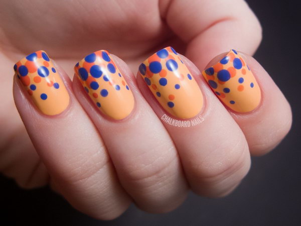 Blue and Orange Polka Dot Nail Art Designs. 