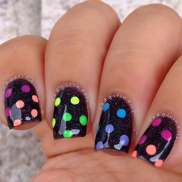 Neon Polka Dot on Black Nail Base. 