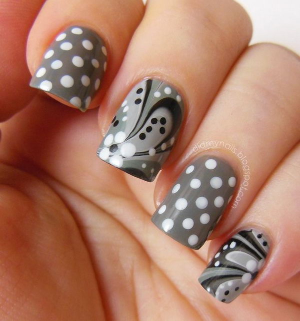 Gray and White Water Marble and Polka Dot Nails. Get more details 