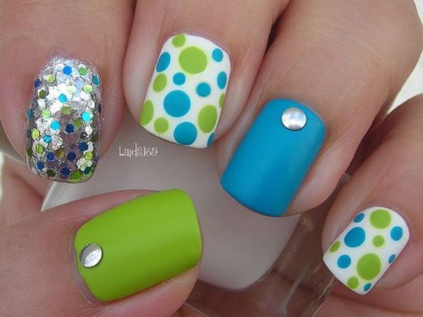 Green and Blue Polka Dot Nail Designs. 