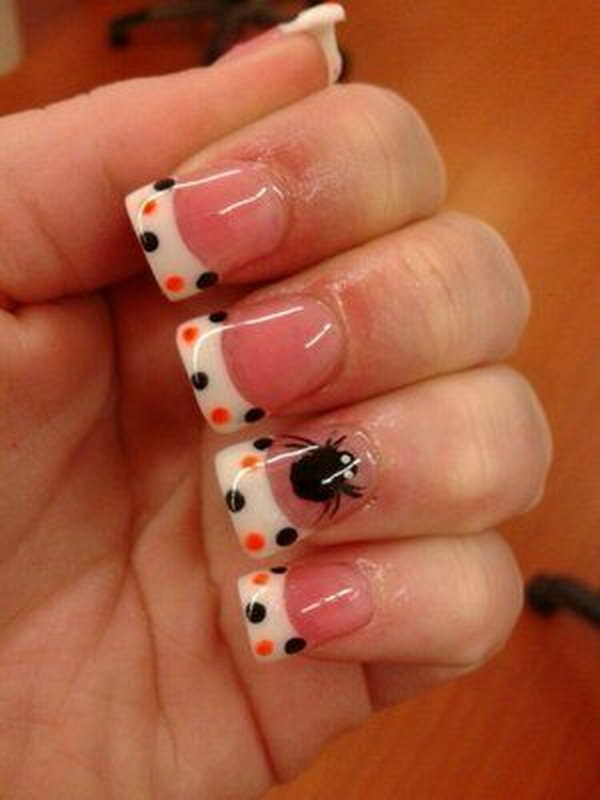 Polka Dots French Nails with Spider Accent. 