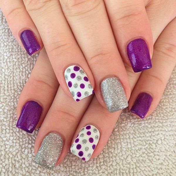 Purple and Sliver Glitter Polka Dot Nails. 