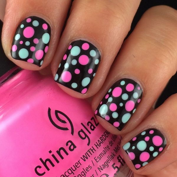Mint and Pink Polka Dots on Black Nail Background. 