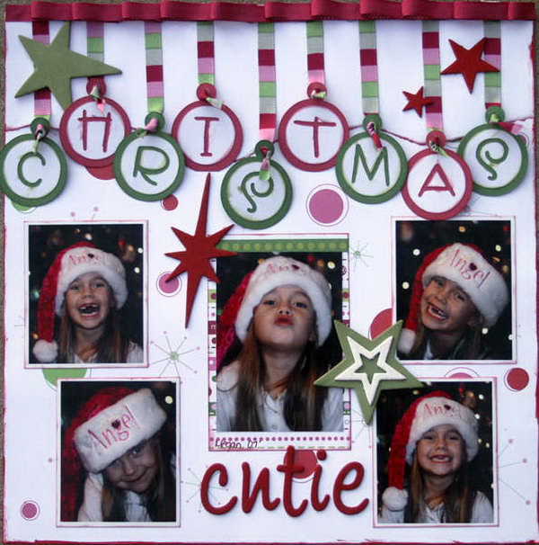 A creative scrapbooking idea for your Christmas. The word Christmas looks like ornaments. I love it so much. 