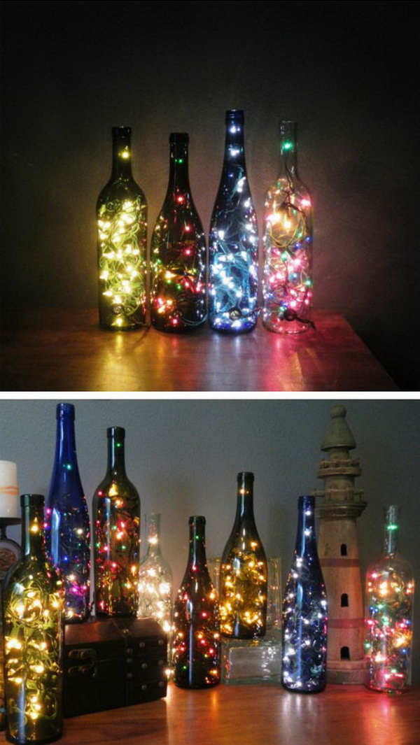 Wine Bottle with String Lights for Table Centerpiece. 