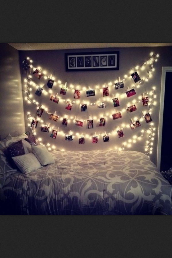 Bedroom Photo Wall with Fairy Lights . 