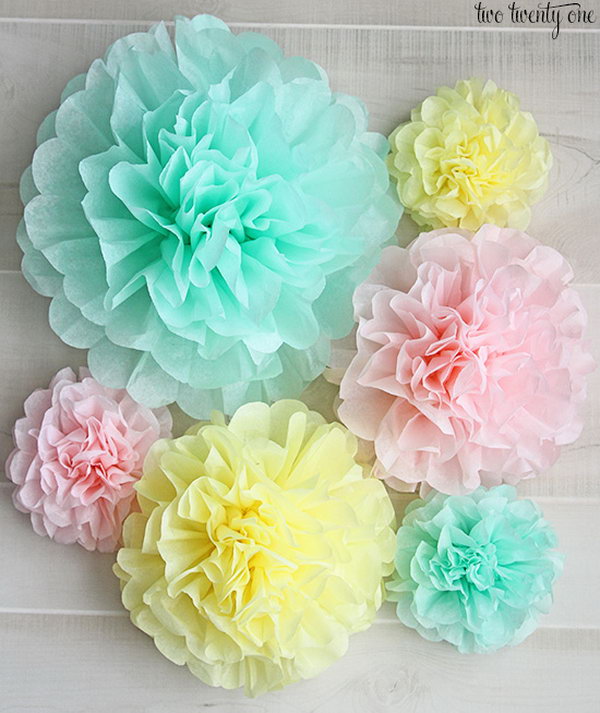 Tissue Paper Pom Poms. These adorable tissue paper pom poms are really easy to make. It can be a good mindless TV watching crafting activity. You can use them on your dessert buffet as a centerpiece for our dining room table.  Get the tutorial 