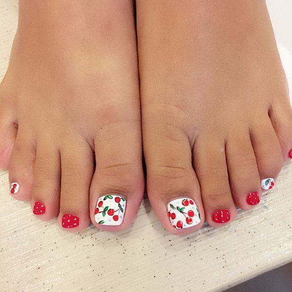 Red and White Cherry Toe Nail Design. 