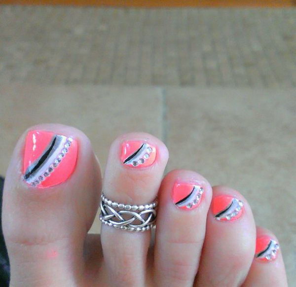 Pink Toe Nail with Gems and Strips Accented. 