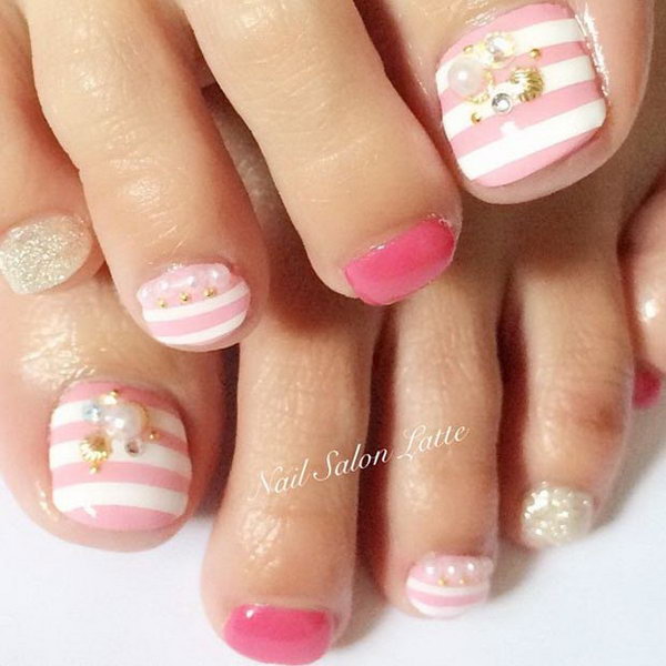 Lovely Pink and White Striped Toe Nail Design. 