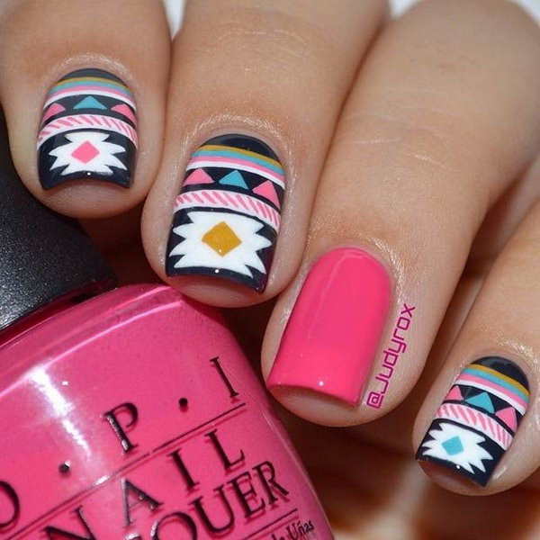 Pink Accent Tribal Nail Design. 