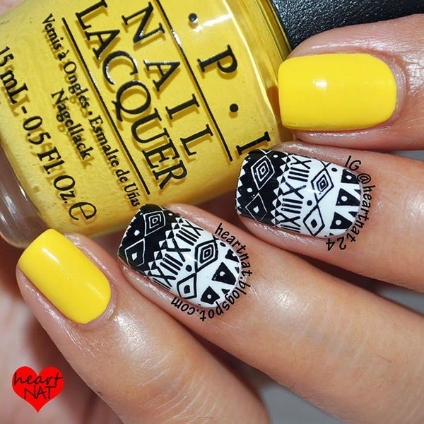 Yellow, Black and White Tribal Nail Art. Get the details 