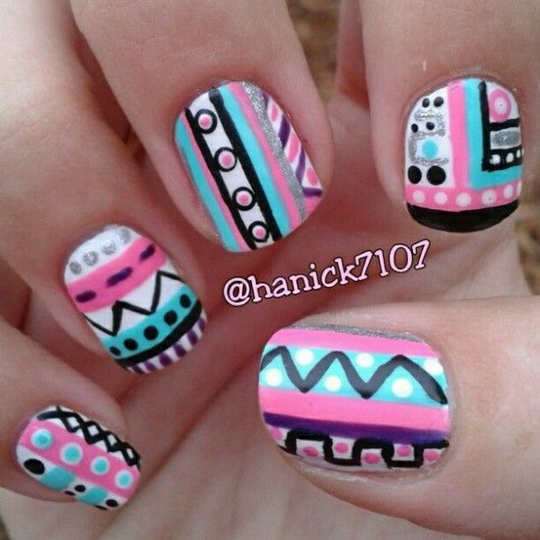 Tribal Nail Art Design in Bright Blue, Purple, White and Pink. 