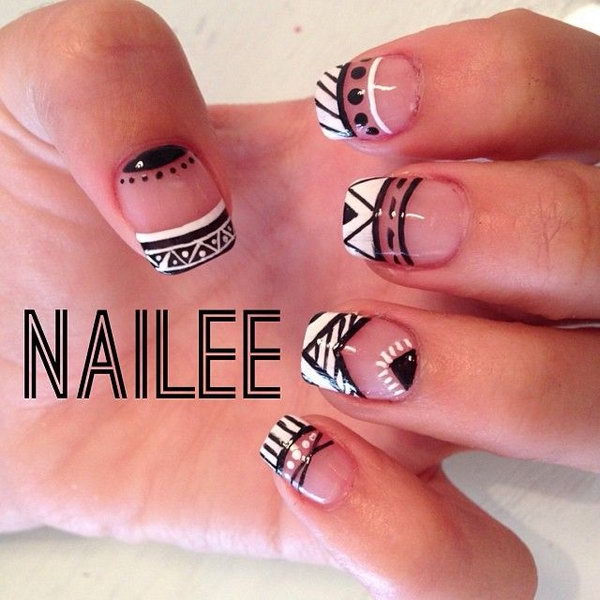 Black and White French Tip Tribal Nails. 