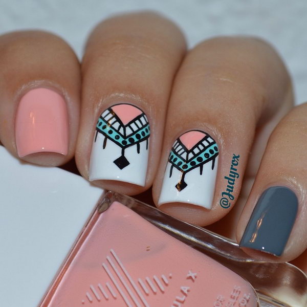 Peach, Gray and White Tribal Nails. 