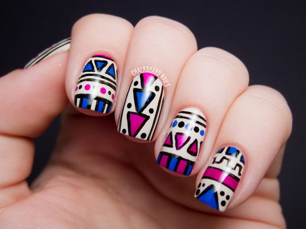 Fuchsia and Cobalt Tribal Nail Design. See the tutorial 