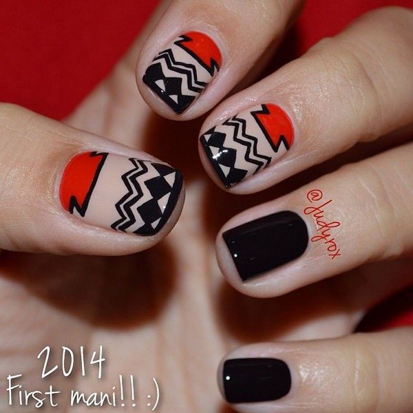 Black and Red Mixed Tribal Nails. 