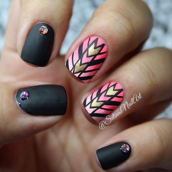 Black and Ombre Pink Tribal Nails Accented with Glitter and Rhinestone. 