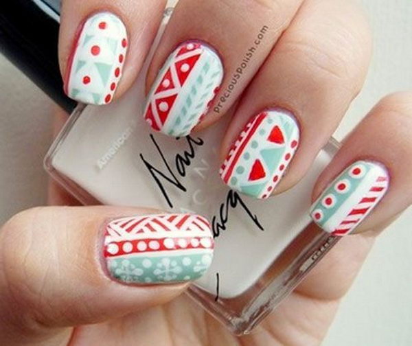 Red, Mint and White Tribal Nails. 