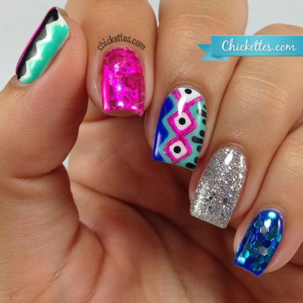 Pink and Mint Mix Tribal Nail Design. See more details 