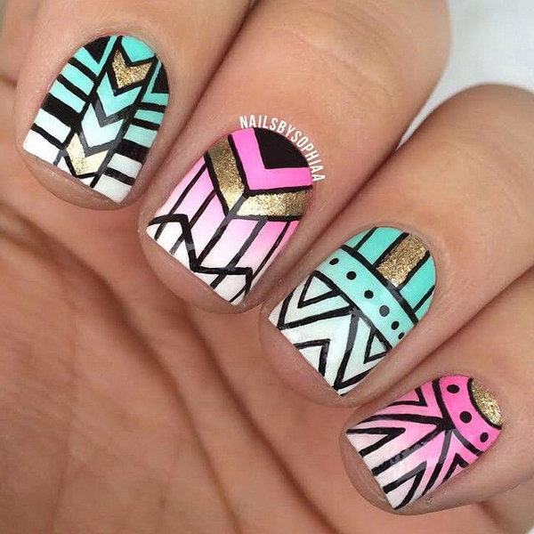 Gradient Turquoise and Pink Tribal Nail Designs. 