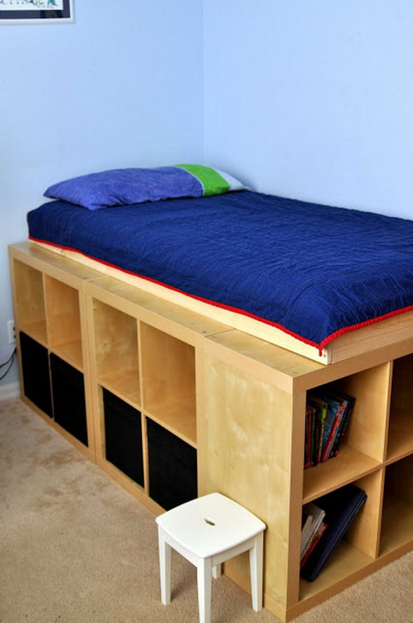 DIY Bed Platform with IKEA Expedit. I love this IKEA Expedit storage bed from Genius IKEA hackers.  All the extra storage is so fabulous. See the full directions 