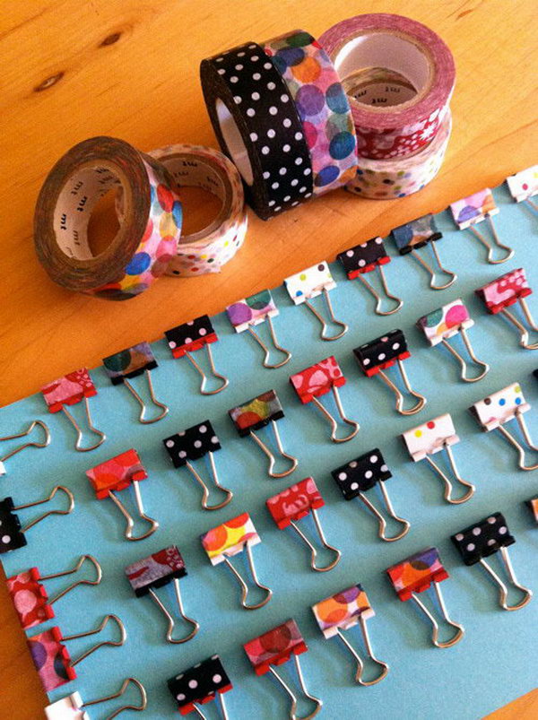 Decorate Binder Clips with Washi Tape. 