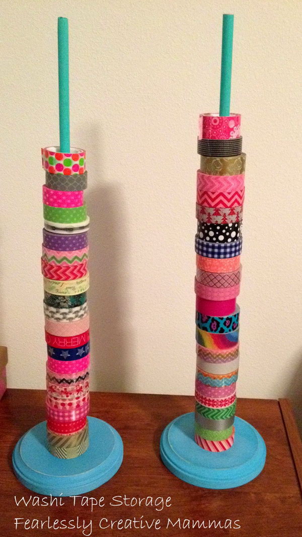 Clever Washi Tape Storage Solution with Plastic Baggie and a Piece of Wood. Get the tutorial 