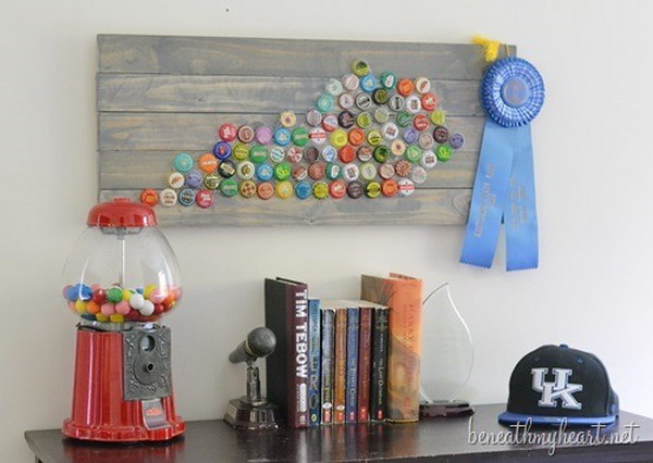 Bottle Cap State Art. What a great and simple idea to add color to our walls and show pride in our state at the same time. Check out the step by step tutorials 