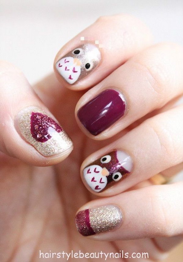 Glitter Owl Nails. 