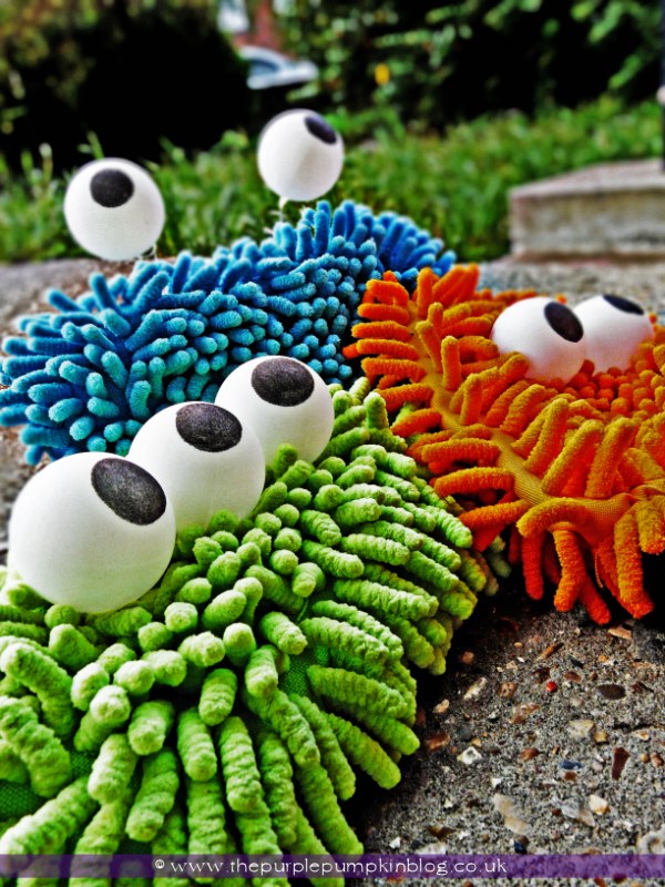 DIY Monsters Made from Microfibre Cloths and Ping Pong Balls. 