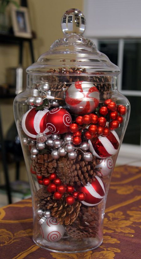 Pine Cones and Ornaments in a Glass Jar 