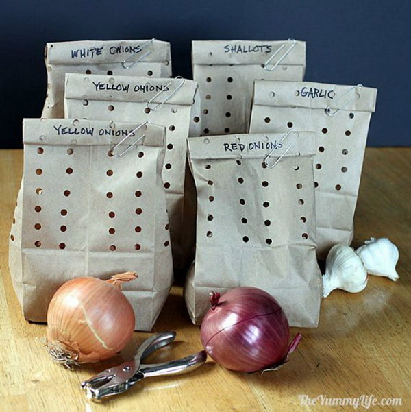 Hide Garlic and Onions in Holey Paper Bags. 