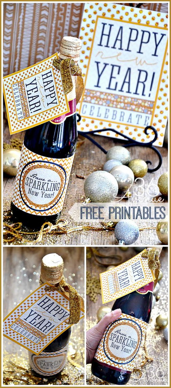 NYE Champagne Bottle Favors with Glittery Printables 
