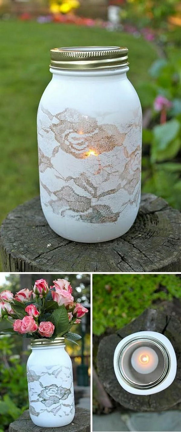 Lace Stenciled Mason Jar Flower Vase 