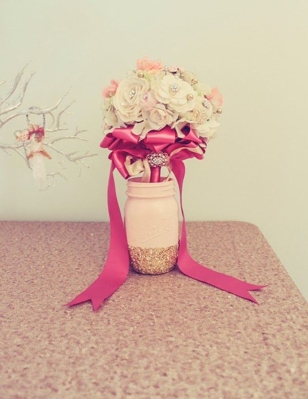 Pink Mason Jar Vases with Glitter Bottom and Brooch Bouquet 