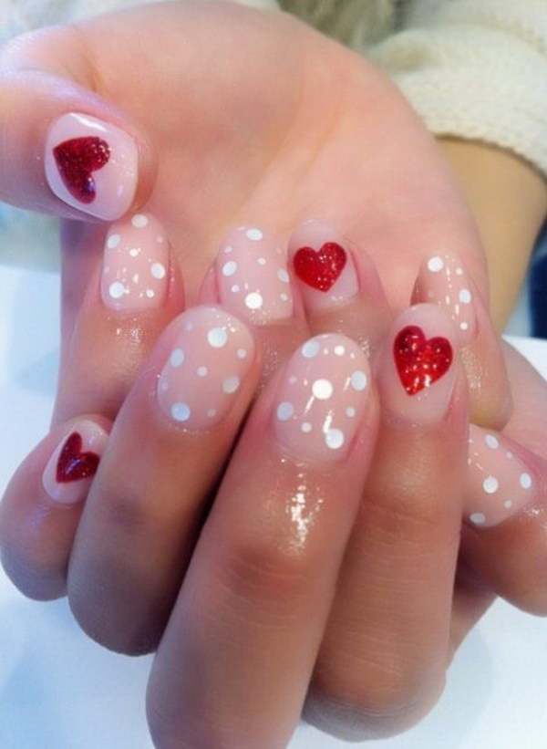 Short Pink and Red Nails with Heart Accent 