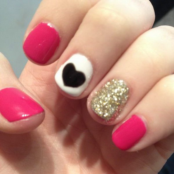 Cute Pink and Glitter Heart Nail Design 