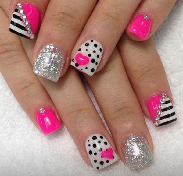 Heart, Polka Dots and Lines Nail Art with Glitter Accent 