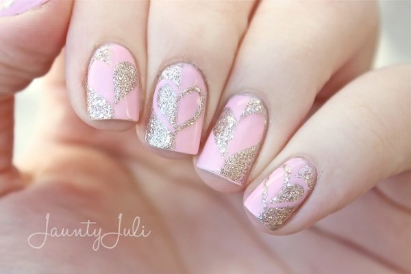 Pink and Glitter Hearts Nail Art for Valentine 