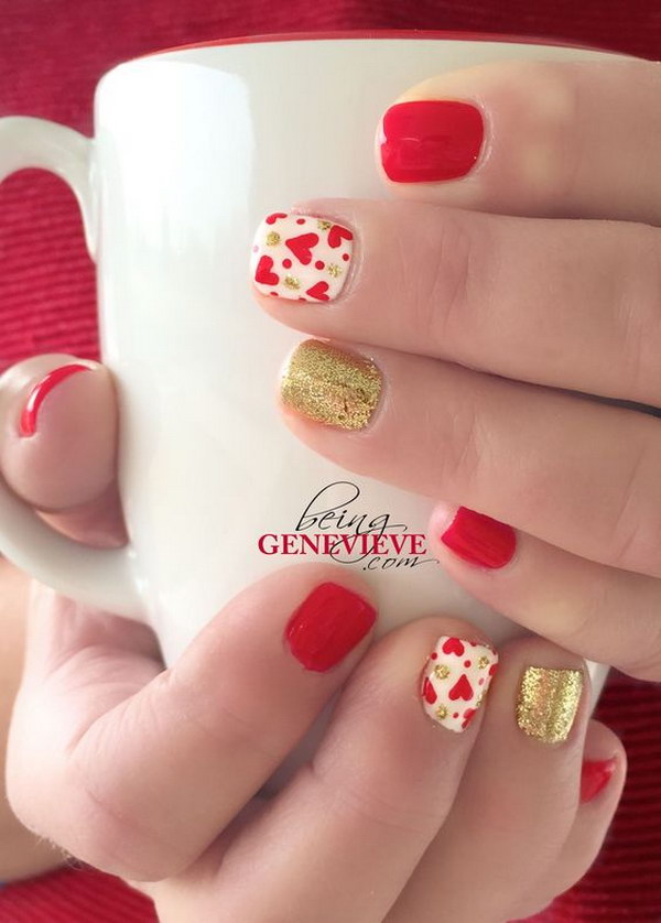 Red Hearts and Gold Glitter Heart Nail Art 