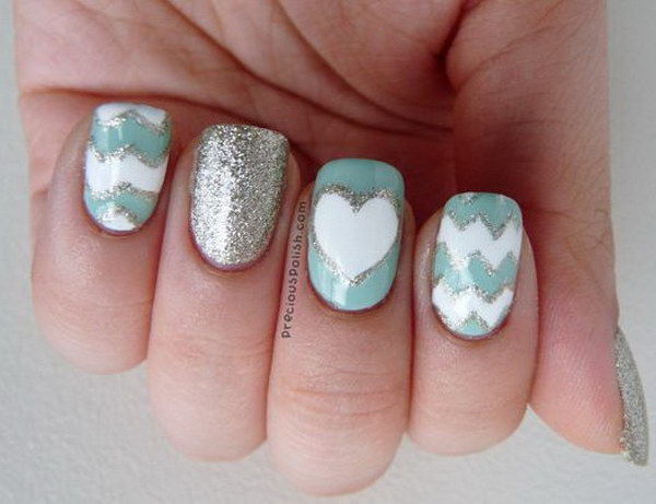 Glittery Chevron Nails with a Heart Accent 