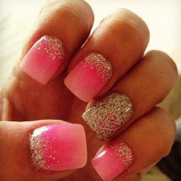 Pink Nails with Glitter and a Heart Accent Nail Art 